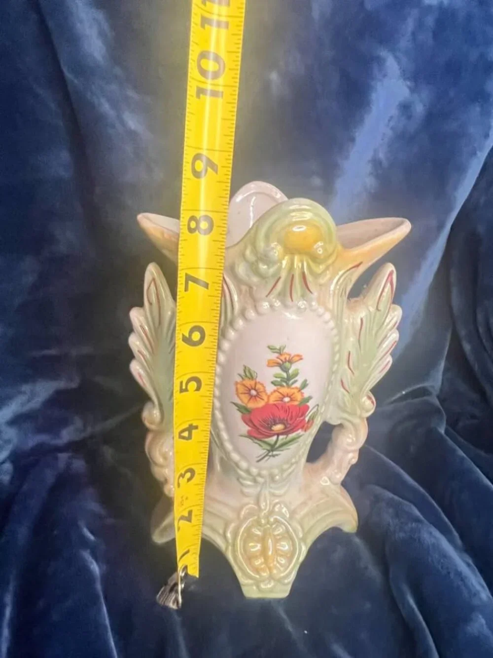 Vintage Porcelain Pearlescent Lustreware Footed Vase with Floral Decal